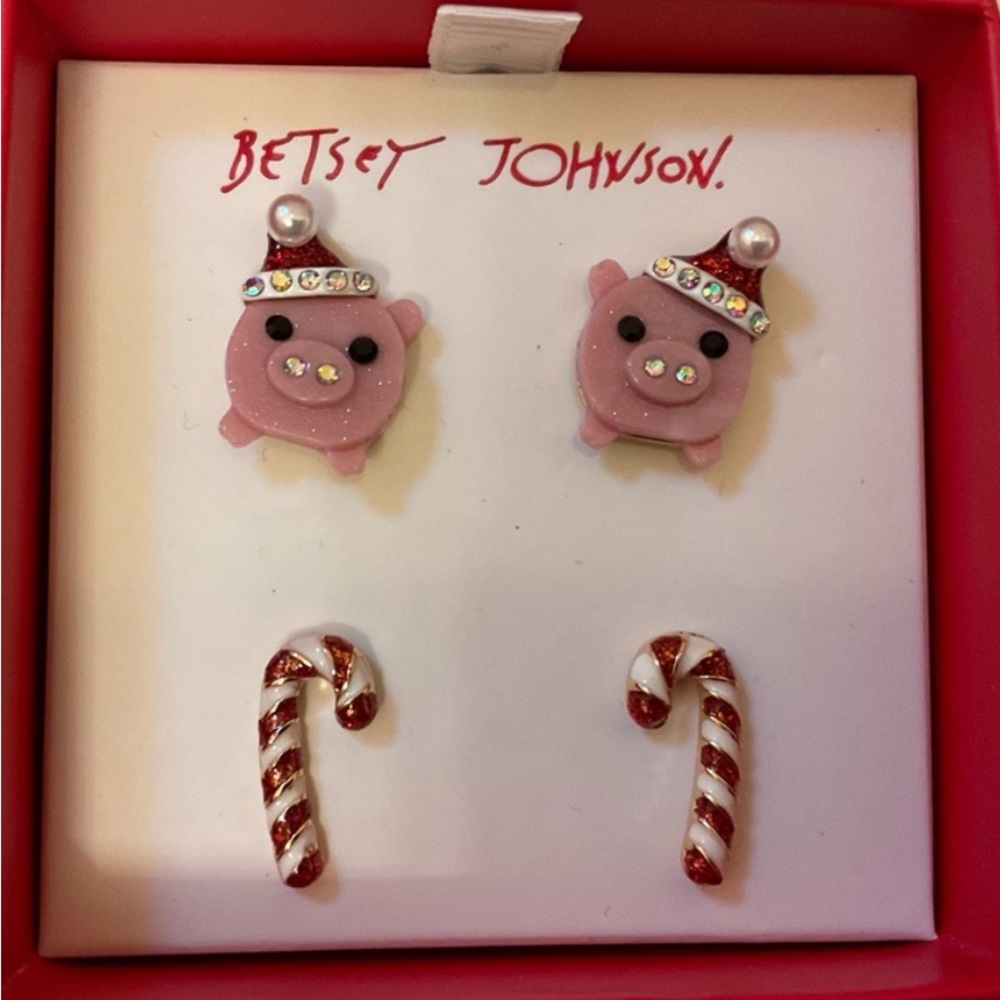 Betsey Johnson Santa Pink Pig Earrings with Candy Cane Earrings set